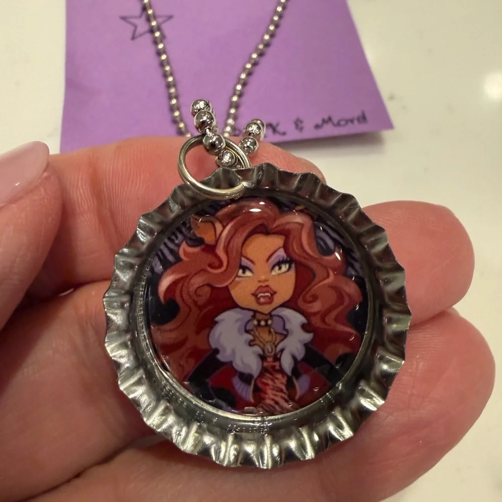 Purple Star Bottle Cap Pendant Necklace with Werewolf Character Art